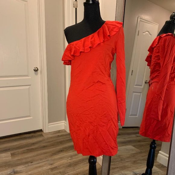 DIVIDED H&M | Red One Sleeve Fitted Ruffle Dress - Picture 1 of 9